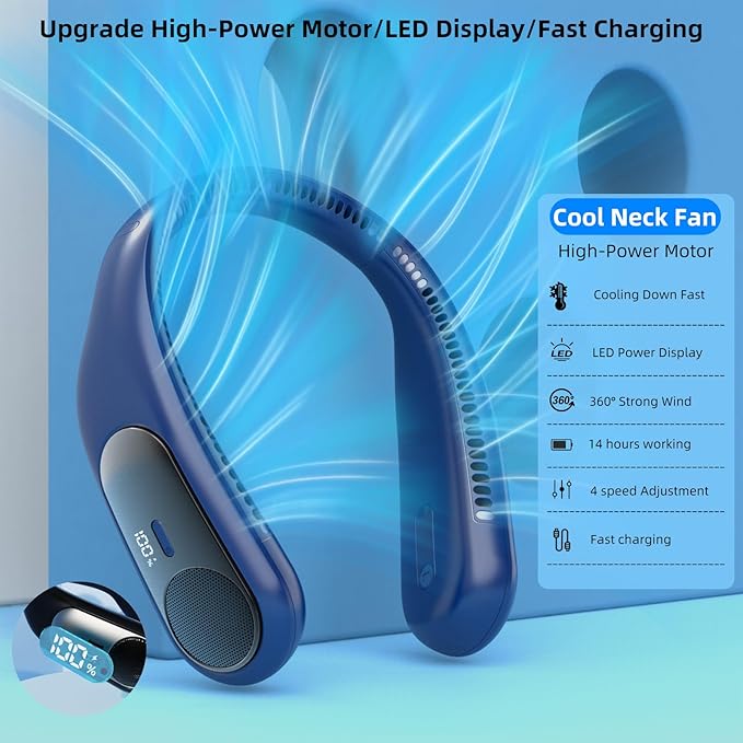 Portable Neck Fan,Personal Wearable Bladeless Fan,LED Display,4-Speeds,6000mAh USB Rechargeable,360° Strong Cooling Wind,Hands Free,Long Lasting,Birthday Gifts for Men Women Dad Mom (Blue)