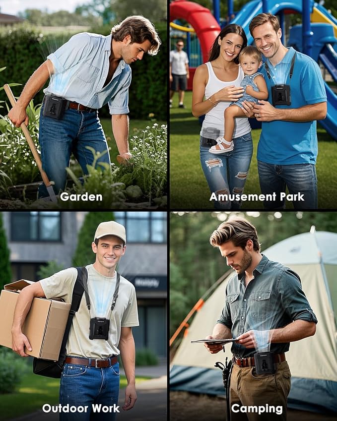 Portable Waist Fan Clip on, Personal Wearable Belt Fan 10000mAh Rechargeable Battery Under Shirt,5 Speeds with light, Neck Fan Hands-Free Cooling For Outdoor Camping Travel (Black)