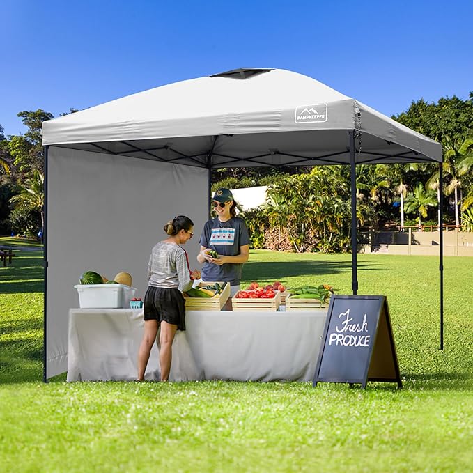 KAMPKEEPER 10x10 Pop Up Canopy Tent with 2 Sidewalls, Beach Tent - Easy Outdoor Sun Shade for Events, Parties, Camping - Gazebo with 4 Weight Bags & Carry Bag.（White）