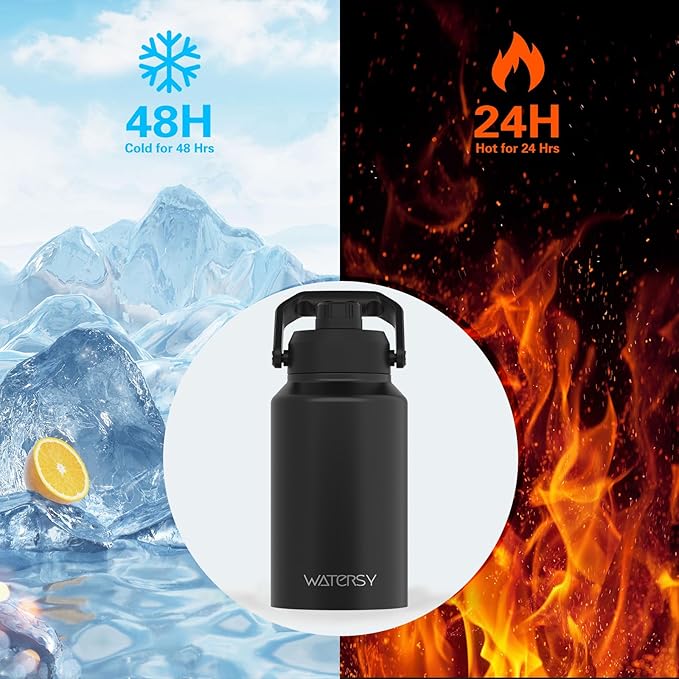 WATERSY 2/3 Gallon Water Bottle Insulated(Cold for 48 Hrs),BPA Free&Leak Proof,87oz Stainless Steel Water Jug/Flask,Big thermo,Large Water Bottle with Handle for Gym,Hiking,Camping,Black