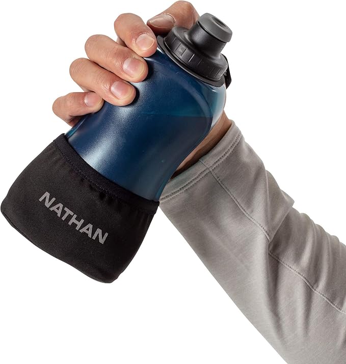 Nathan Running Handheld Water Bottle Adjustable No-Grip Quick Squeeze Lite Hand Strap. 12 oz Insulated Water Bottle. Reflective Hydration