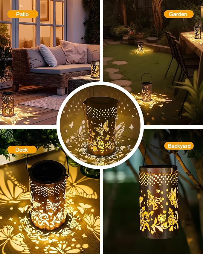 Solar Lanterns Outdoor, Waterproof Butterfly Garden Decor Birthday Gifts for Women Mom Grandma, Metal Hanging Solar Lights Decoration Outside LED Lanterns for Patio Yard Lawn Backyard Front Porch