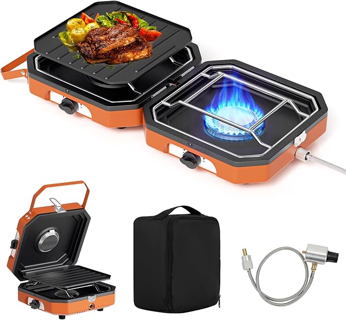 Adjustable 2 Burner Popane Stove with 16000 BTU, Flameout Protection, with Camping Grill and Carrying Bag, Portable Camping Stove for Camping, Backyard BBQ,Tailgating (Orange)