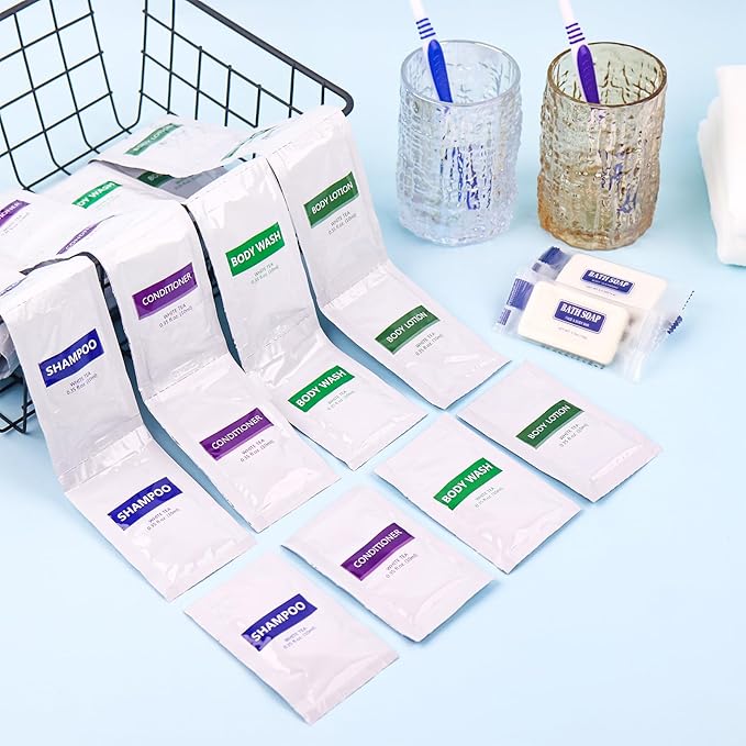 5IN1 Toiletries Bulk Travel Size Set(50 Pcs) 5-Piece Set: 10pcs Travel Size Body Wash, 10pcs Hotel Shampoo, 10pcs Mini Conditioner, 10pcs Body Lotion, 10psc Bar Soap, Bulk Mini Guest Amenities Supply