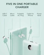 VRURC Portable Charger Built-in Cables and AC Wall Plug, USB C Power Bank 10000mAh, Travel Battery Portable Phone Charger Compact Lightweight External Battery Pack for Smart Phones, Tablets etc-Green