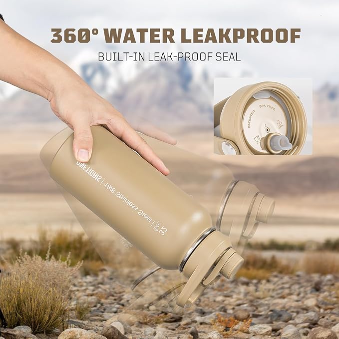 ONETIGRIS 32 oz Insulated Water Bottle with Straw - Tactical Stainless Steel Water Jug, Leakproof Wide Mouth Sport bottle with 3 Lids and Sleeve for Travel, Gym, Camping, Hiking