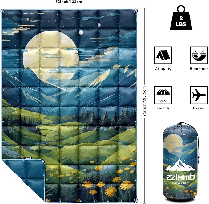 zzlamb Camping Blanket, Outdoor Lightweight Travel Blanket Puffy Portable Down Alternative, Windproof Warm Cloak with Snaps, Cozy Quilt Backpacking Picnic RV Plane Car Hammock Beach Climbing