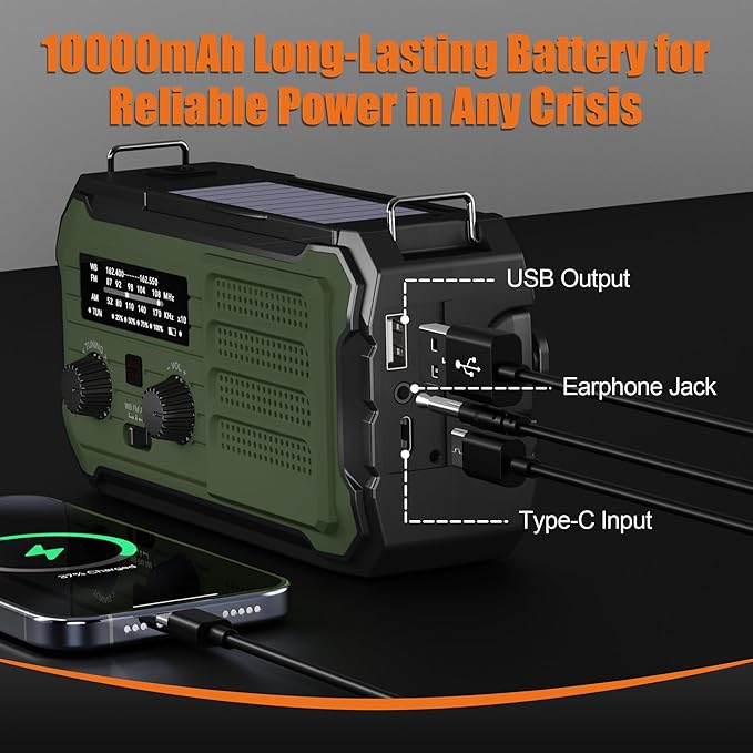 Emergency Radio Hand Crank Solar, 10000mAh/37000mWh Emergency Weather Radio, Hand Crank Solar Radios with NOAA/AM/FM, Cell Phone Charger, Headphone Jack, Flashlight for Indoor Outdoor