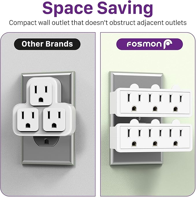 Fosmon 3 Outlet Adapter, 3 Way Rotating Outlet Plug Adapter, Swivel Plug Outlet 90 Degree Right Angle Plug Adapter, Three Way Rotating Electrical Outlet Wall Extender Indoor, 3-Prong, Grounded