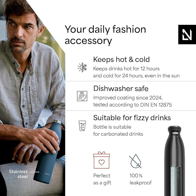 LARS NYSØM Stainless Steel Insulated Water Bottle 12oz 17oz 25oz 34oz 51oz | Insulated Thermo Flask for Hot and Cold Beverages | Leakproof Drinking Bottle (Carbon Black, 17oz)