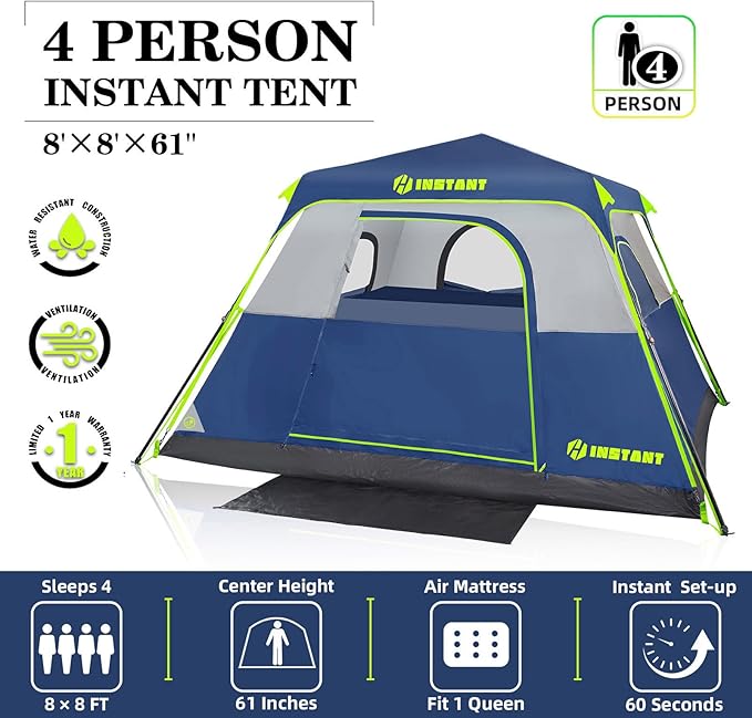 4/6/8 Person Instant Tent, Waterproof Pop Up Tents for Camping with Rainfly, 60 Seconds Easy Setup, Automatic Cabin Tent for Family Camping with Expandable Carry Bag & Upgraded Ventilation