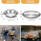 Odoland Stainless Steel Camping Mess Kit for Family & Person, Cooking Tableware Utensils with Plates Bowls Forks Spoons Knives & Savings Bag for Camping, Backpacking, Hiking, Picnic