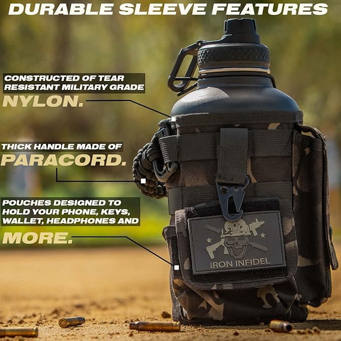 Iron Infidel Battle Bottle - Half Gallon Insulated Water Bottle with Paracord Handle - Large 64 oz Stainless Steel Water Jug & Rugged, Removable Sleeve For Keys, Wallet, Phone (Black Camo 2 Liter)