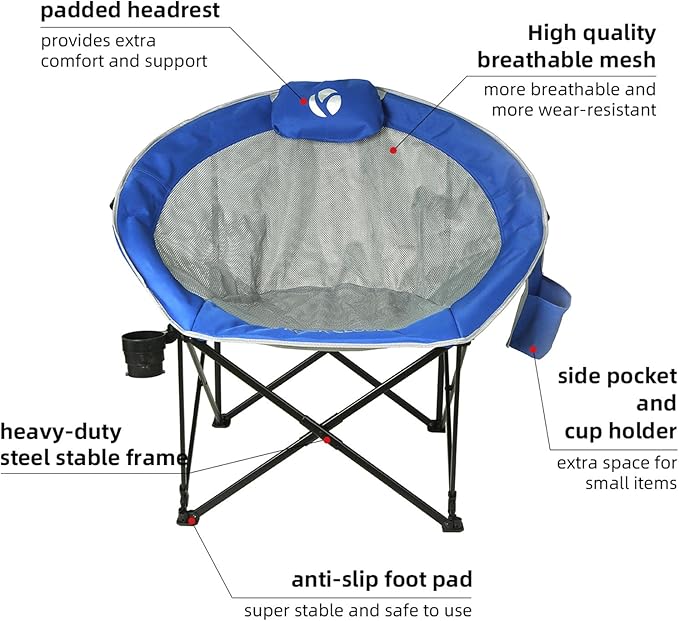 ROCK CLOUD Folding Camping Chair Oversized Padded Moon Chairs Outdoor for Camp Lawn Hiking Fishing Sports, Blue