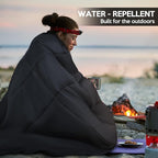 Camping Blanket, 2-in-1 Wearable Puffy Camping Blanket with Hood & Snap Buttons Waterproof Lightweight Travel Blanket Converts to Pillow for Backpacking, Beach, Picnics, Stadium (Black)