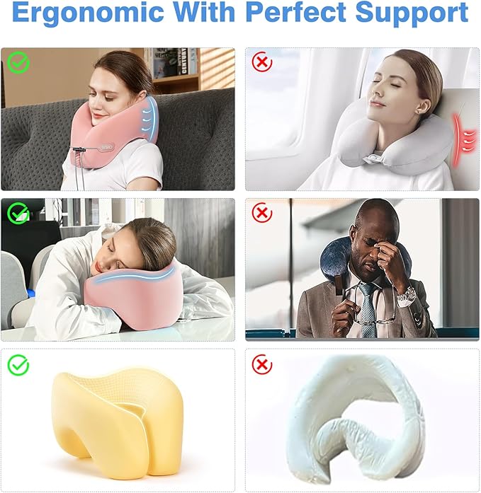 Neck Pillow Airplane, 2025 Upgraded Memory Foam Travel Pillow for International Flights, Adjustable Clasp, Storage Bag, Advanced Neck Support for Road Trips, Home, Office, and Gaming