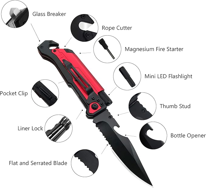 ALBATROSS 6-in-1 Survival Tactical Military Folding Pocket Knives with LED Light,Rope Cutter,Glass Breaker,Magnesium Fire Starter,Bottle Opener;Multi-Function Emergency Tool(Red)