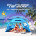 Beach Tent for 3-4 People, Pop-Up Beach Tent Automatic Setup, UV Protection, Extendable Floor, Ventilating Windows, Portable Outdoor Sun Shelter, Blue
