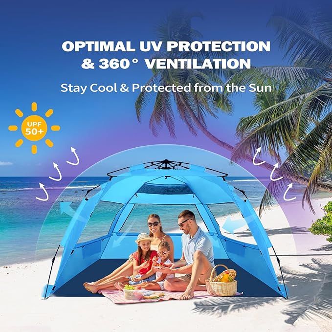 Beach Tent for 3-4 People, Pop-Up Beach Tent Automatic Setup, UV Protection, Extendable Floor, Ventilating Windows, Portable Outdoor Sun Shelter, Blue