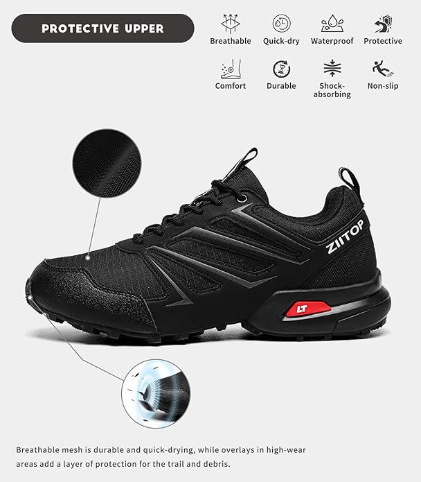 Mens Trail Running Shoes Waterproof Non-Slip Hiking Walking Sneakers for Outdoor Trailing Trekking Camping Quest Black