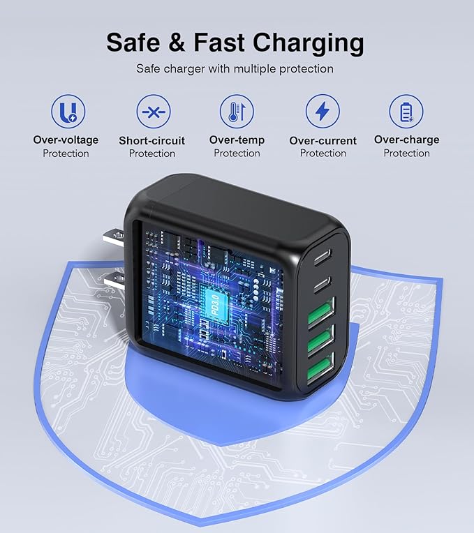 [2-Pack]50W USB C Wall Charger Block, 5-Port C Charger Fast Charging Block PD Power Adapter +QC 3.0 Multiport Type C Box Brick Cube USB A Wall Plug for iPhone 16/15/14/13 Pro Max,Samsung Galaxy(Black)