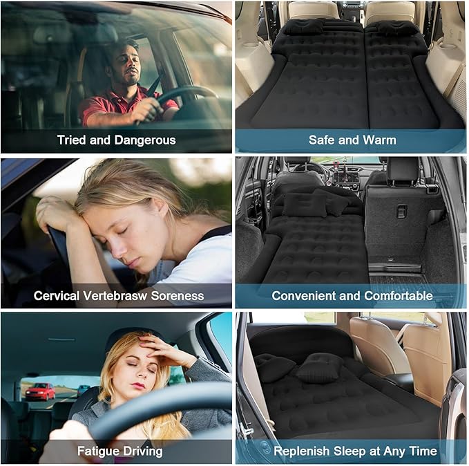 ISWEES Car Bed SUV Air Mattress, Car Air Mattress with Home Power Adapter, Electric Pump, 2 Inflatable Pillows and 2 Footrests for Back Seat, Side Seat,Trunk Sleeping, Thickened Camping Bed - Black