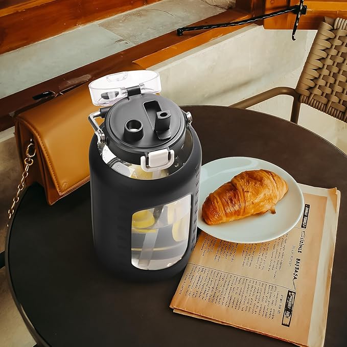 BLUEGO 84oz Water Bottle Glass with Stainless Steel Handle Large 2.5l Water Bottle with Time Markers and Silicone Sleeve Half Gallon Water Jug BPA Free for Gym Daily Use, Black