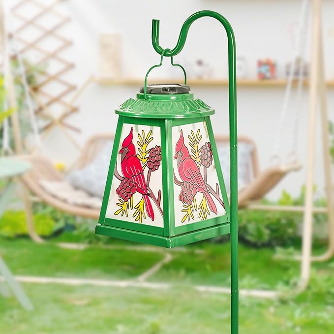 Solar Lantern with Shepherd Hook, Cardinal Hanging Solar Lantern Light, Outdoor Waterproof Glass Lanterns Metal Decorative for Garden Patio Yard Pathway, Gifts for Mom Women, Cardinal