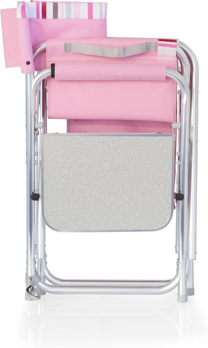 PICNIC TIME Sports Chair with Side Table, Outdoor Foldable Padded Adult Camping Chairs with Cup and Accessory Panel for Lawn, Beach, & Sports Use for Adults, 300-lbs Capacity, (Pink Stripe Accents)