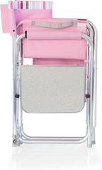 PICNIC TIME Sports Chair with Side Table, Outdoor Foldable Padded Adult Camping Chairs with Cup and Accessory Panel for Lawn, Beach, & Sports Use for Adults, 300-lbs Capacity, (Pink Stripe Accents)