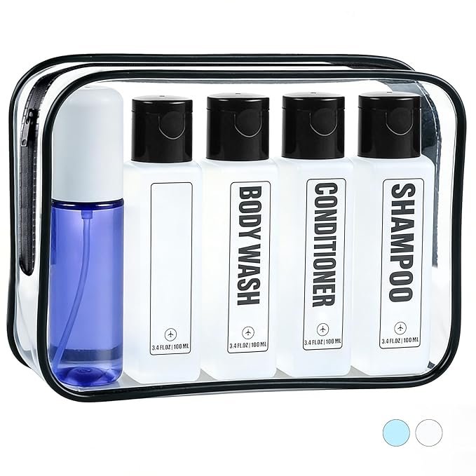 Leakproof Travel Shampoo Bottles for Toiletries TSA Approved Travel Size Toiletries Bottles, 3.4oz Refillable Squeeze Containers Set with Spray Bottle -5 Pack