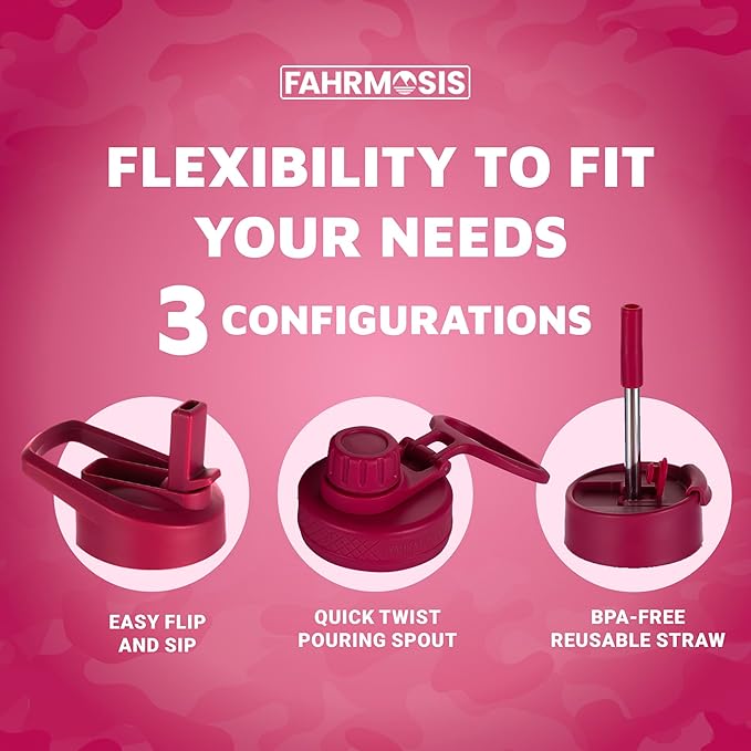 40 Oz Water Bottle with Straw Stainless Steel Sports Water Bottle with 3 Lids (Straw, Chug and Flip Lid) Insulated Leak Proof Metal Jug for Men & Women - Red Fusion