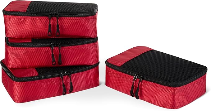 Amazon Essentials 4-Piece Packing Cubes Travel Accessories Set, Luggage Organizer with Double Zipper, Mesh Top, 100% Polyester, Small, Red (Previously Amazon Basics)