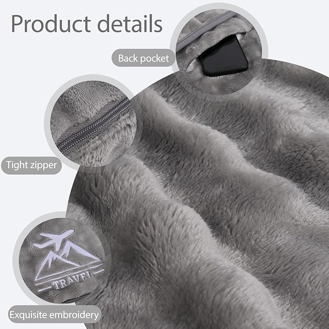 Travel Blanket and Pillow-2-in-1, Ultra-Soft&Compact, One-Piece Airplane Blanket with Hand Luggage Belt and Backpack Clip,Travelers Accessories Gifts, 61x43 Inches (Gray)