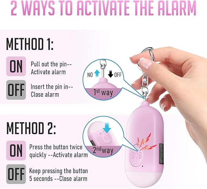 Personal Safety Alarm - 3-Pack - Rechargeable - Strobe LED Flashlight - SOS Emergency Loud Alarm - Self-Defense Keychain - for Women, Students, Kids, and Seniors (White, Pink, and Black