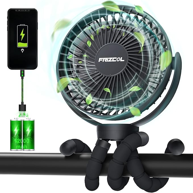 FRIZCOL Portable Stroller Fan, Use As Power Bank, 65H 12000mAh Battery Operated Fan Flexible Tripod Baby Car Seat Fans with Timming, Personal Mini Handheld/Desk/Small Clip On Fans For Stroller