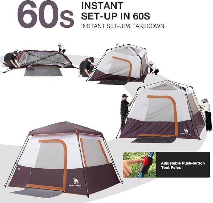 Camping Tents 4/6 Person Pop Up Instant Tent - Setup in 60s for Family Camping, Windproof Design, Family Cabin Tent with Rainfly & Backpack Carry Bag
