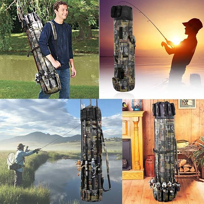 Allnice Durable Canvas Fishing Rod & Reel Organizer Bag Travel Carry Case Bag- Holds 5 Poles & Tackle