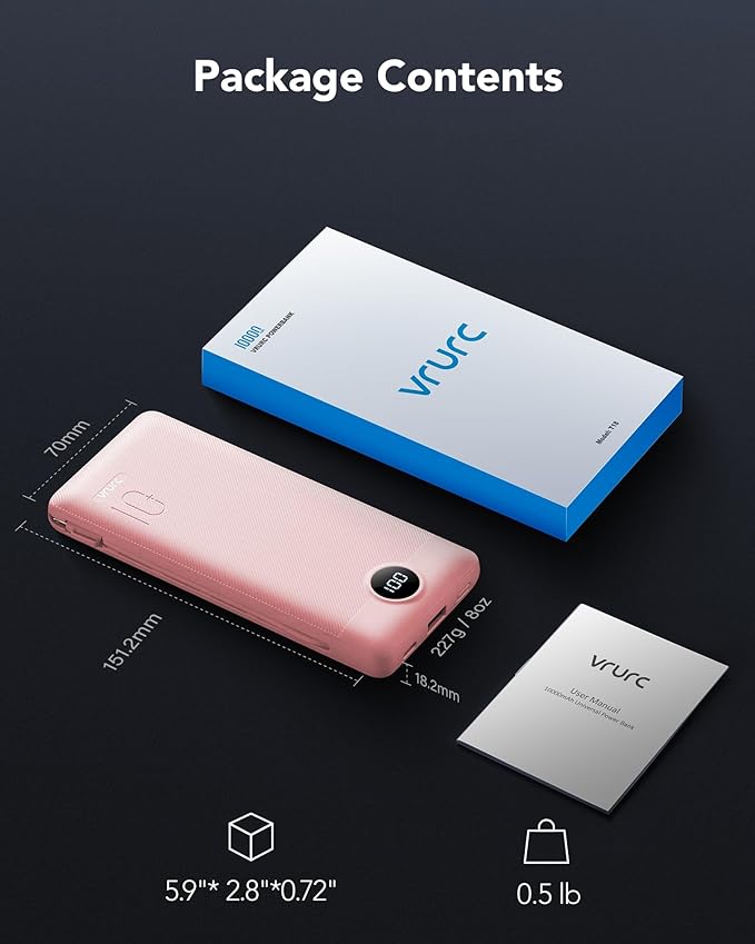 VRURC Portable Charger Power Bank with Wall Plug, 10000mAh Portable Charger with Built in Cables, PD 20W Fast Charging Portable Charger with Cords External Charger Travel Accessories-Pink(1 Pack)