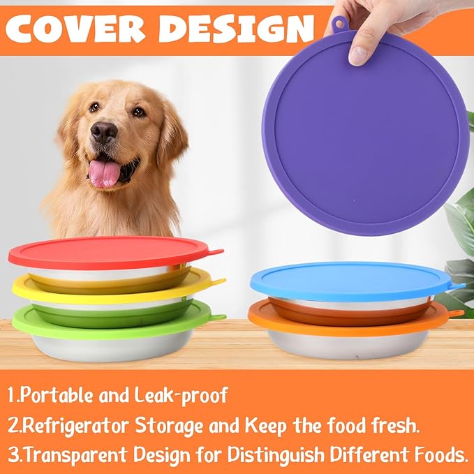 Patelai 24 Pcs Stainless Steel Dog Bowls with Silicone Lids Portable Food and Water Dishes for Pets Sealable Containers for 6.3" for Cats & Small Dogs (Red,Blue,Green,Purple,Yellow,Orange)