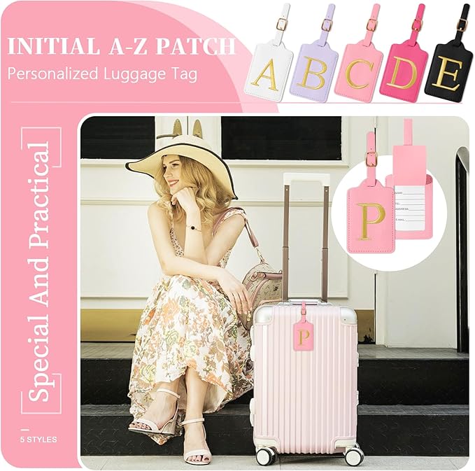 Personalized Initial Luggage Tags for Suitcase, Pink Leather Cute Luggage Tags with Privacy Cover Name Card, Embroidered Custom Monogrammed Luggage Tag Travel Bag Baggage Tags Gifts for Women Kids(P)