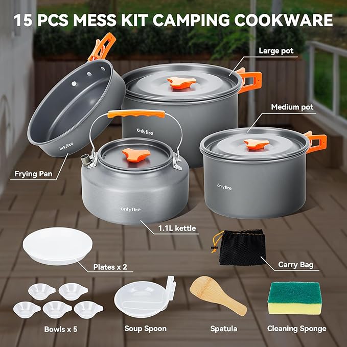 Onlyfire 15pcs Camping Cookware Mess Kit, Non-Stick Lightweight Pot Pan Kettle Set with Plates Forks Knives Spoons for Camping, Backpacking, Outdoor Cooking and Picnic CT605