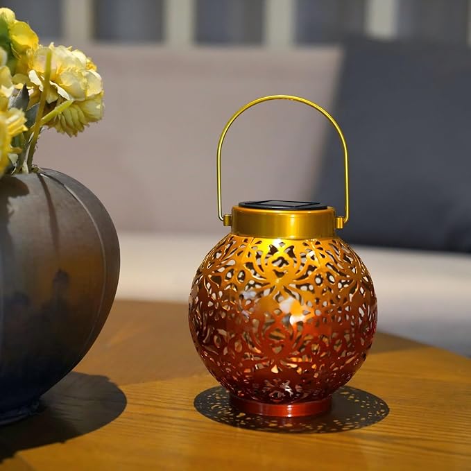 Outdoor Solar Hanging Lantern Lights Metal LED Decorative Lamp for Garden Patio Courtyard Lawn and Table with Hollowed-Out Design (Sunset Blaze)