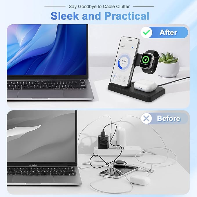 Wireless Charging Station for Apple Devices: 3 in 1 Foldable Qi Compact Case-Friendly Charger Stand for iPhone 17-12 & Apple Watch & AirPods Charging Dock for Travel Home Office Desk Nightstand(Black)