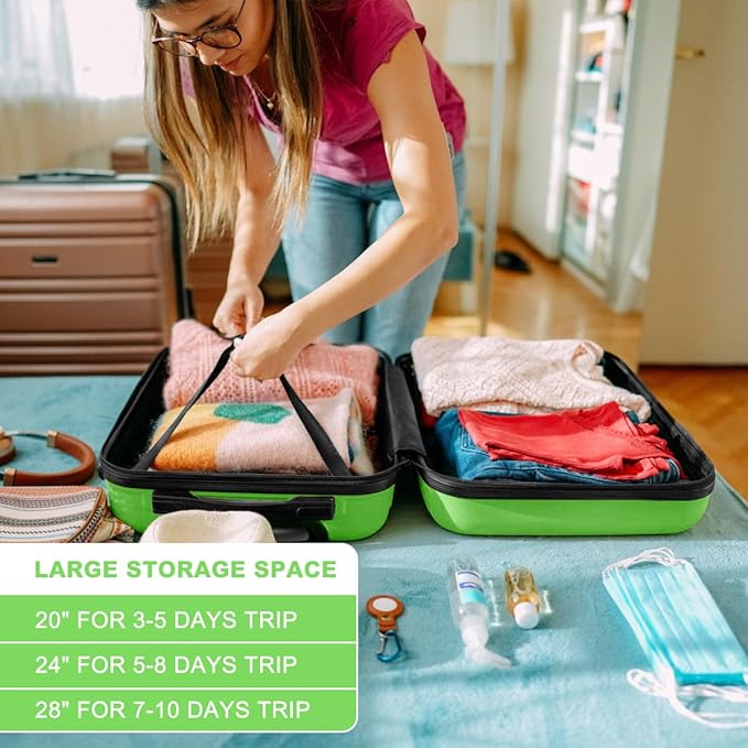 Kono 4 Piece Luggage Sets Expandable(only 28") Lightweight with Spinner Wheels TSA Lock Hardside Travel Rolling Suitcases 20in 24in 28in Carry on and 12in Mini Cosmetic Case Apple Green