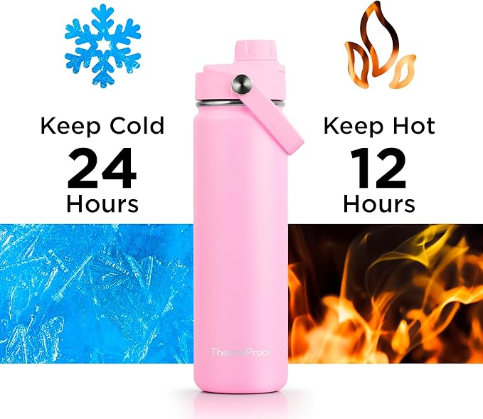 ThermoProof Double-Walled Vacuum Insulated Stainless Steel Water Bottle - Wide Mouth with Chug & Spout Lids, Dishwasher Safe, Reusable, Leakproof, Hot & Cold for Men, Women & Kids - 22oz, Pink