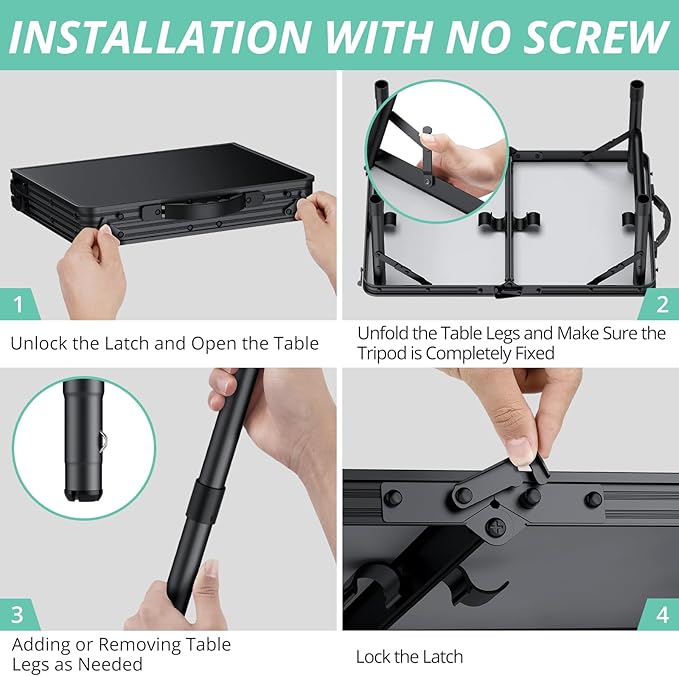 VINTEAM Camping Folding Table with Adjustable Height, Lightweight Portable Outdoor Picnic Table, BBQ Grill Side Table, Durable Aluminum Frame, MDF Desktop for Camping, Fishing, RV, Beach (Black)