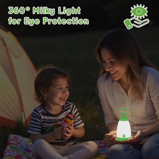 Kids Camping Lantern & Night Light Battery Powered (AAA Included), 360° Eye-Safe Light, IPX4 Waterproof with RGB Modes Portable for Outdoor, Emergency & Bedtime, Gift for Children (Green)