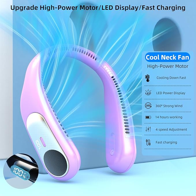 Portable Neck Fan,Personal Wearable Bladeless Fan,LED Display,4-Speeds,6000mAh USB Rechargeable,360° Strong Cooling Wind,Hands Free,Long Lasting,Birthday Gifts for Men Women Dad Mom (Purple)