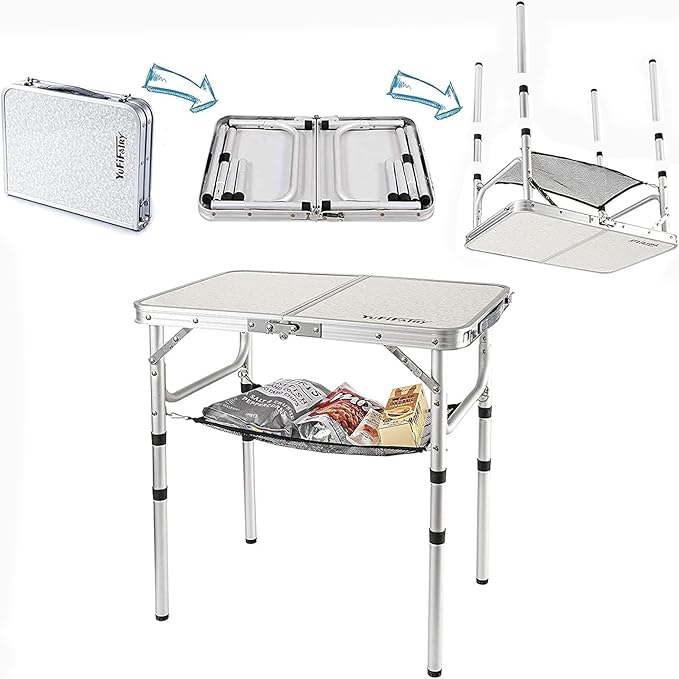 Small Folding Table 2 Foot, Portable Camping Table with Mesh Holders,Lightweight Aluminum Adjustable Height, with Carry Handle for Camping Picnic Indoor Outdoor, White 24 x 16 inch (3 Heights）